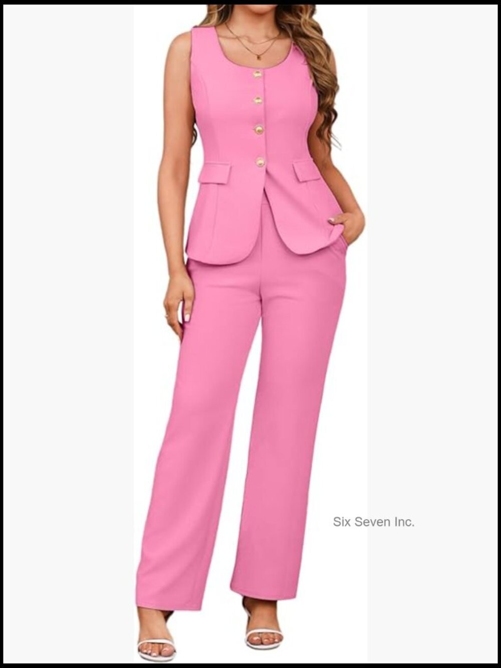 Sleeveless Blazer & Wide Leg Pants Suit Set 2 Piece Work Outfit